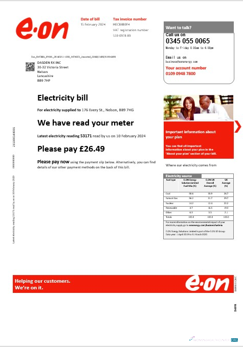 United Kingdom E.ON business utility bill template in Word and PDF formats, version 3